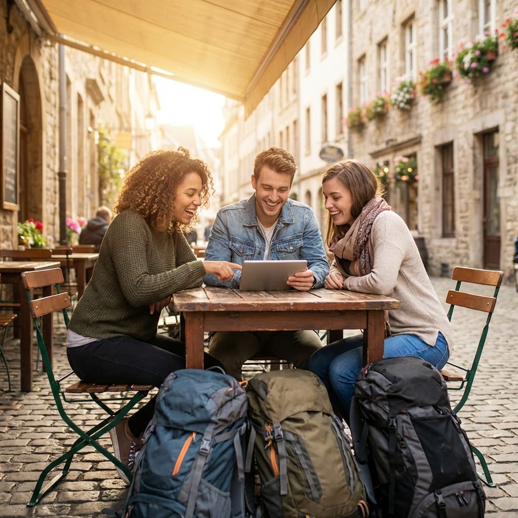 Travelers meeting in a city