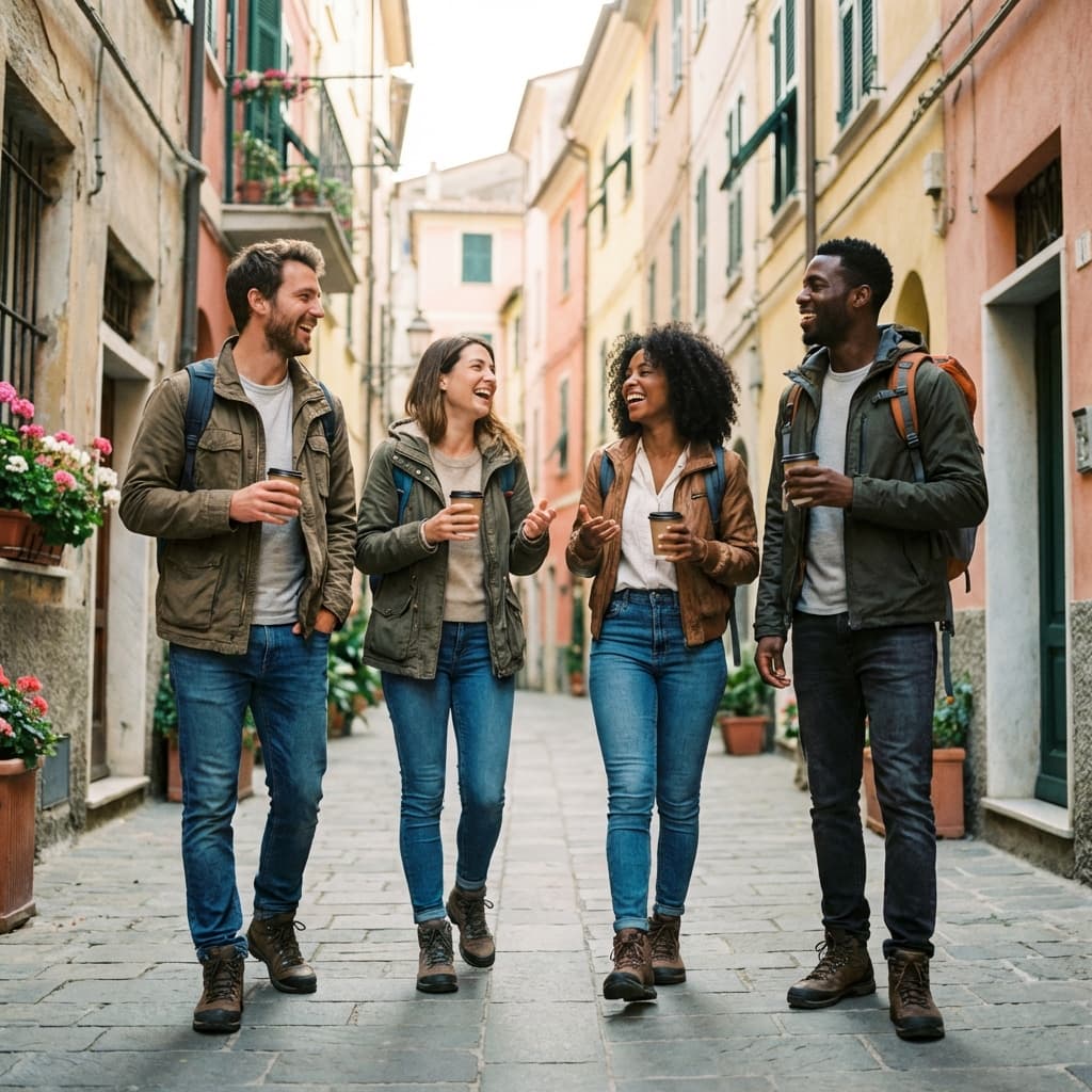 Travelers connecting at a meetup